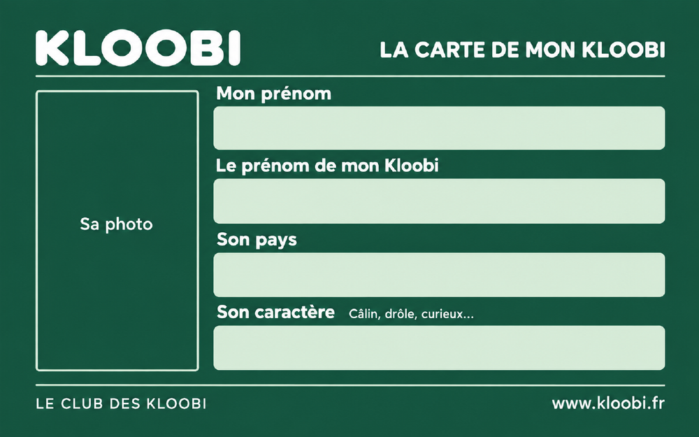 Verso de la carte KLOOBI à compléter : prénom, compagnon, pays, caractère et photo