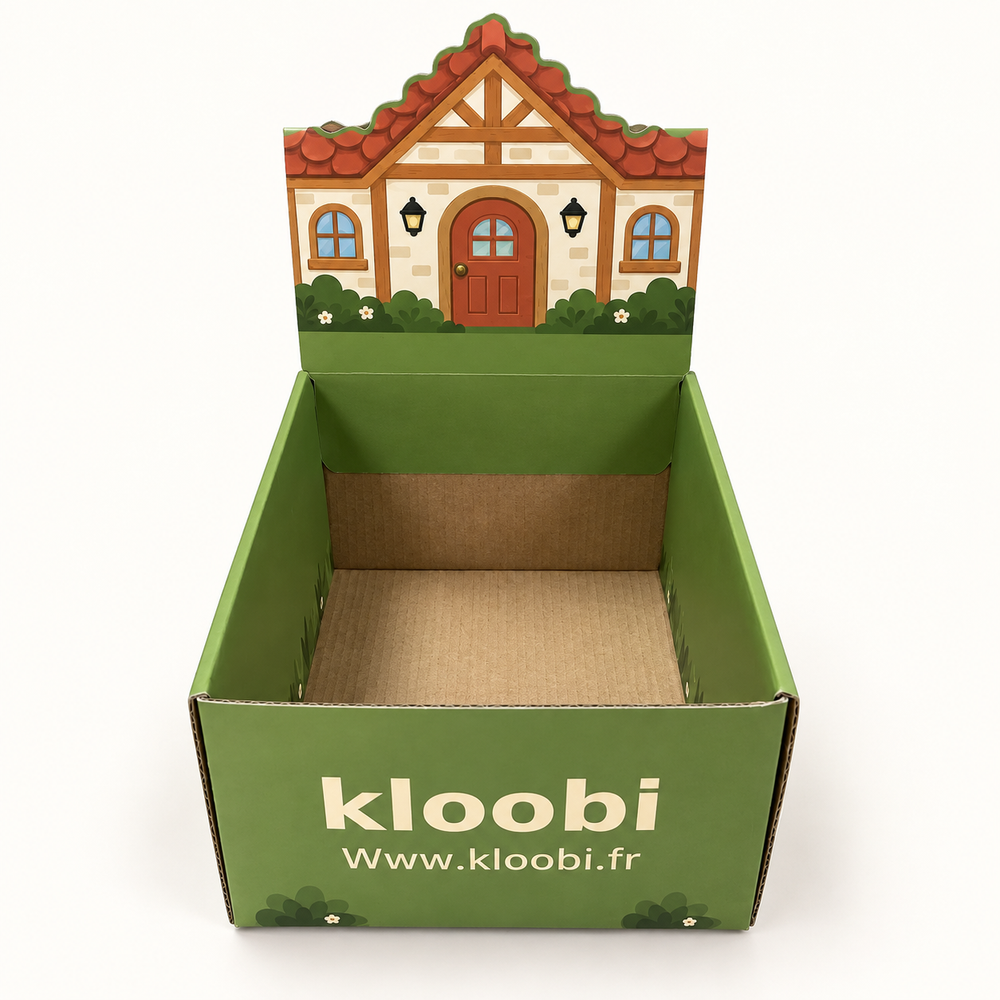 Boîte-maison KLOOBI verte ouverte avec son logo et sa façade relevée, sur fond clair